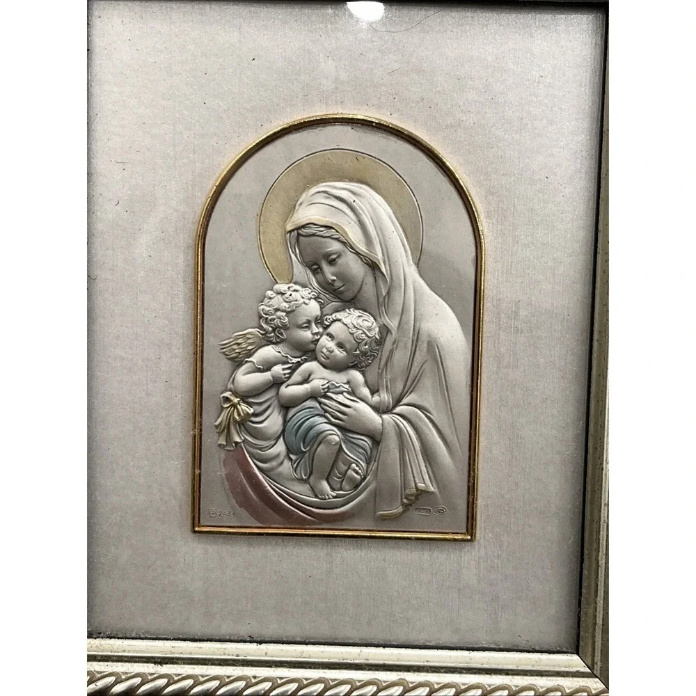 Italian Madonna & Child Icon .925 Sterling Silver Art w/ Painted Gold Frame‎ EUC
